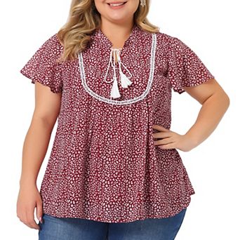 Women's Plus Size Blouse Ruffle Sleeve Lace Trim Tie Neck Peasant Top