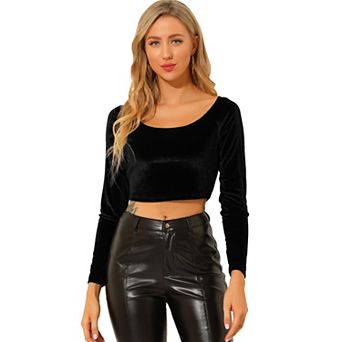 Women's Velvet Long Sleeve Off Shoulder Solid Crop Top