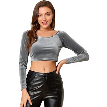 Women's Velvet Long Sleeve Off Shoulder Solid Crop Top
