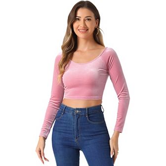 Women's Velvet Long Sleeve Off Shoulder Solid Crop Top