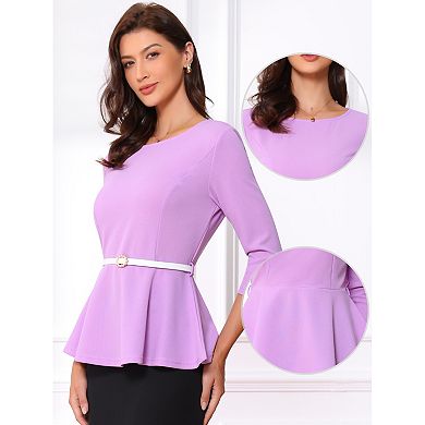 Peplum Top for Women's 3/4 Sleeve Belted Elegant Business Work Blouse