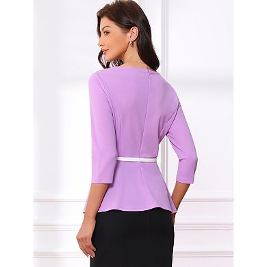 Peplum Top for Women's 3/4 Sleeve Belted Elegant Business Work Blouse