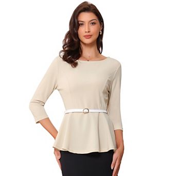 Peplum Top for Women's 3/4 Sleeve Belted Elegant Business Work Blouse