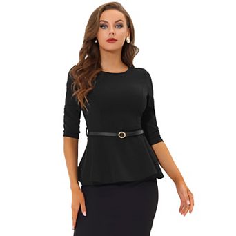 Peplum Top for Women's 3/4 Sleeve Belted Elegant Business Work Blouse