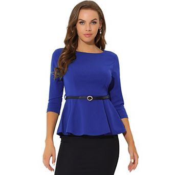 Peplum Top for Women's 3/4 Sleeve Belted Elegant Business Work Blouse