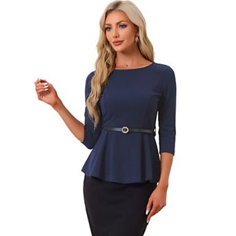 Peplum Top For Women's 3/4 Sleeve Belted Elegant Business Work Blouse