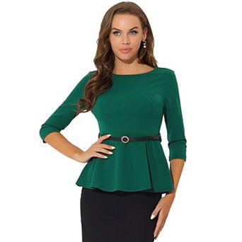 Peplum Top for Women's 3/4 Sleeve Belted Elegant Business Work Blouse