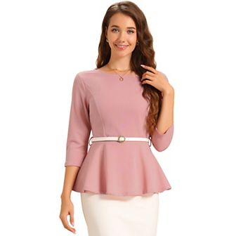Peplum Top For Women's 3/4 Sleeve Belted Elegant Business Work Blouse
