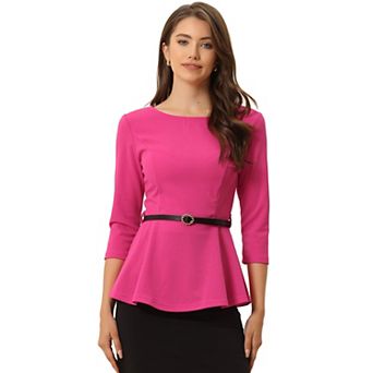Peplum Top for Women's 3/4 Sleeve Belted Elegant Business Work Blouse