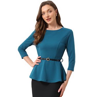 Peplum Top For Women's 3/4 Sleeve Belted Elegant Business Work Blouse