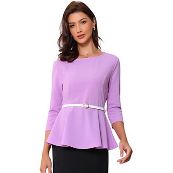 Peplum Top for Women's 3/4 Sleeve Belted Elegant Business Work Blouse