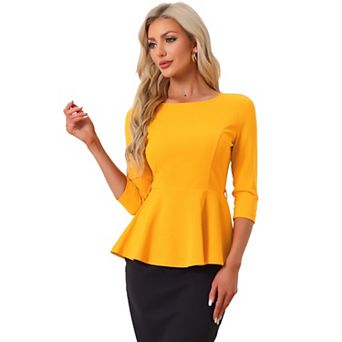 Peplum Top for Women's 3/4 Sleeve Belted Elegant Business Work Blouse