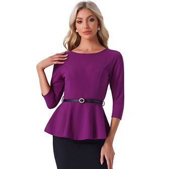 Peplum Top For Women's 3/4 Sleeve Belted Elegant Business Work Blouse