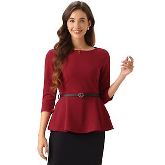 Peplum Top For Women's 3/4 Sleeve Belted Elegant Business Work Blouse