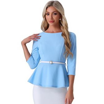 Peplum Top For Women's 3/4 Sleeve Belted Elegant Business Work Blouse
