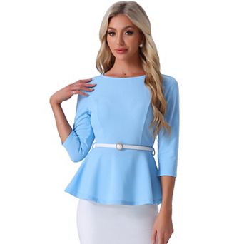 Peplum Top for Women's 3/4 Sleeve Belted Elegant Business Work Blouse