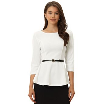 Peplum Top for Women's 3/4 Sleeve Belted Elegant Business Work Blouse