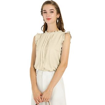 Women's Ruffled Crew Neck Sleeveless Pleated Blouse Tops