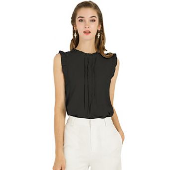 Women's Ruffled Crew Neck Sleeveless Pleated Blouse Tops