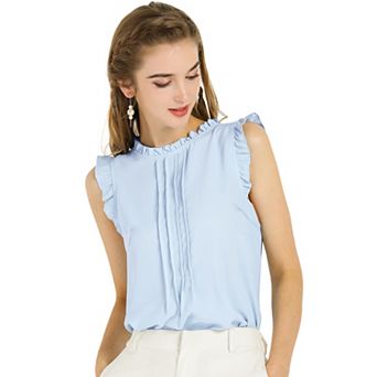 Women's Ruffled Crew Neck Sleeveless Pleated Blouse Tops