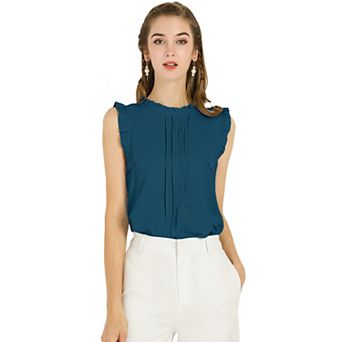 Women's Ruffled Crew Neck Sleeveless Pleated Blouse Tops