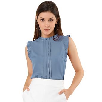 Women's Ruffled Crew Neck Sleeveless Pleated Blouse Tops