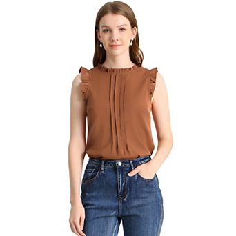 Women's Ruffled Crew Neck Sleeveless Pleated Blouse Tops