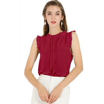Women's Ruffled Crew Neck Sleeveless Pleated Blouse Tops