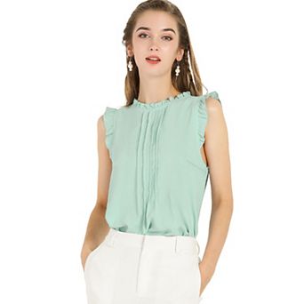 Women's Ruffled Crew Neck Sleeveless Pleated Blouse Tops