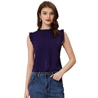 Women's Ruffled Crew Neck Sleeveless Pleated Blouse Tops