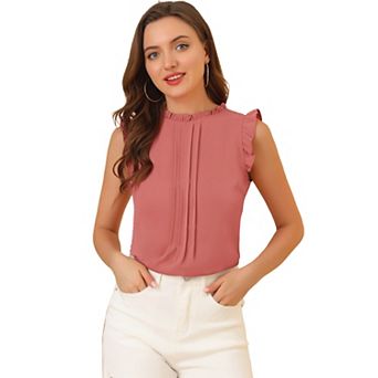 Women's Ruffled Crew Neck Sleeveless Pleated Blouse Tops