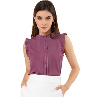 Women's Ruffled Crew Neck Sleeveless Pleated Blouse Tops