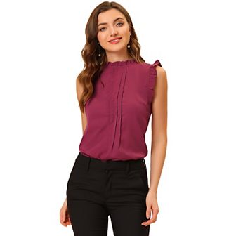 Women's Ruffled Crew Neck Sleeveless Pleated Blouse Tops