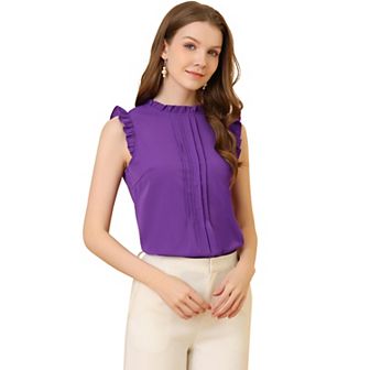 Women's Ruffled Crew Neck Sleeveless Pleated Blouse Tops