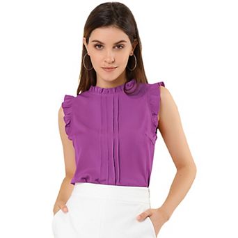 Women's Ruffled Crew Neck Sleeveless Pleated Blouse Tops