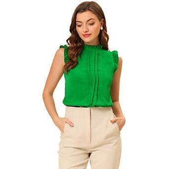 Women's Ruffled Crew Neck Sleeveless Pleated Blouse Tops