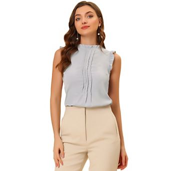 Women's Ruffled Crew Neck Sleeveless Pleated Blouse Tops