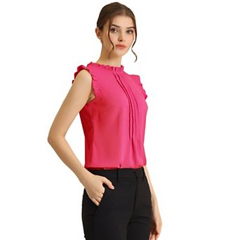 Women's Ruffled Crew Neck Sleeveless Pleated Blouse Tops