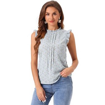Women's Ruffled Crew Neck Sleeveless Pleated Blouse Tops