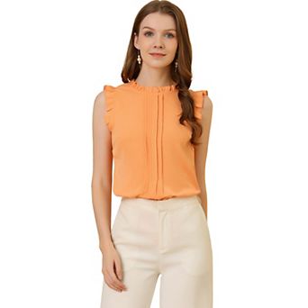 Women's Ruffled Crew Neck Sleeveless Pleated Blouse Tops