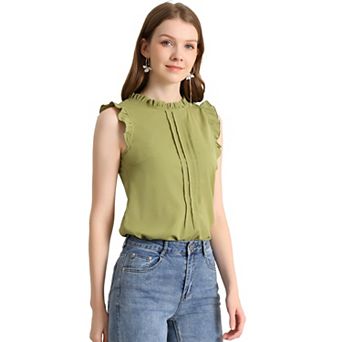 Women's Ruffled Crew Neck Sleeveless Pleated Blouse Tops