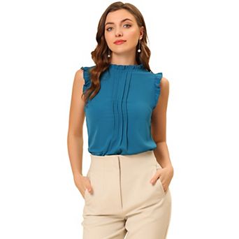Women's Ruffled Crew Neck Sleeveless Pleated Blouse Tops