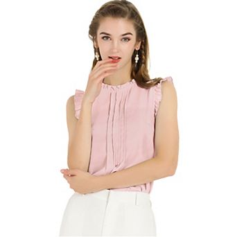 Women's Ruffled Crew Neck Sleeveless Pleated Blouse Tops