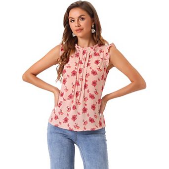 Women's Ruffled Crew Neck Sleeveless Pleated Blouse Tops