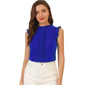 Women's Ruffled Crew Neck Sleeveless Pleated Blouse Tops