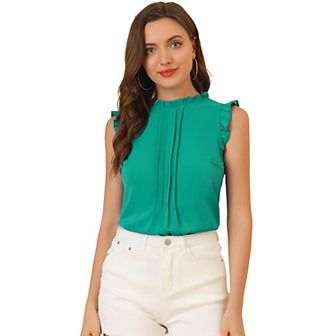 Women's Ruffled Crew Neck Sleeveless Pleated Blouse Tops