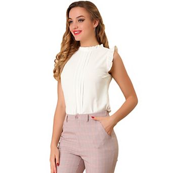 Women's Ruffled Crew Neck Sleeveless Pleated Blouse Tops