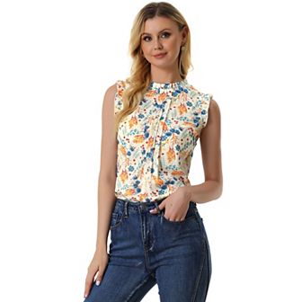 Women's Ruffled Crew Neck Sleeveless Pleated Blouse Tops