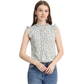 Women's Ruffled Crew Neck Sleeveless Pleated Blouse Tops