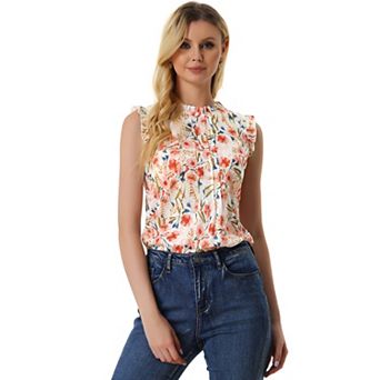 Women's Ruffled Crew Neck Sleeveless Pleated Blouse Tops